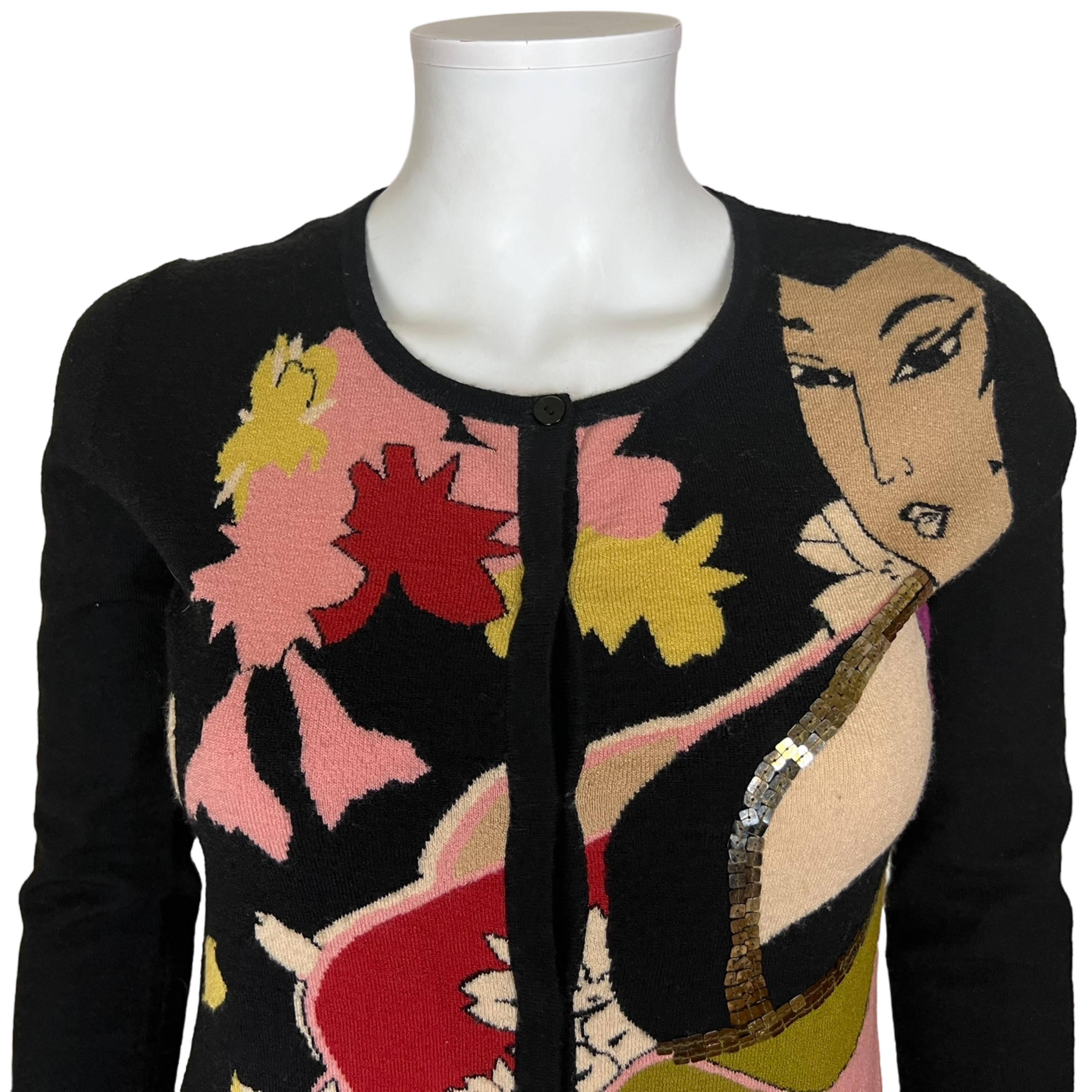 Vintage 1990s Kenzo Jungle Geisha Face Sweater Black Wool Cardigan