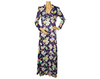 Vintage 1970s Does 1930s Dress Purple Polyester Jersey Floral Print Size M - VFG