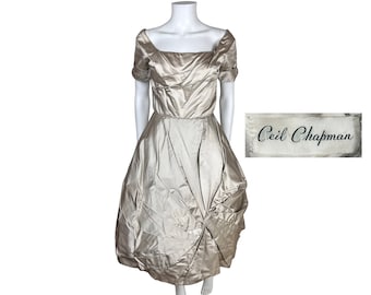 Vintage 1950s Ceil Chapman Dress Taupe Silk Size M