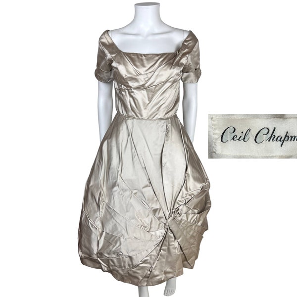 Vintage 1950s Ceil Chapman Dress Taupe Silk Size M