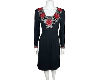 Abito vintage anni '50 in maglia di lana nera con perline, taglia L