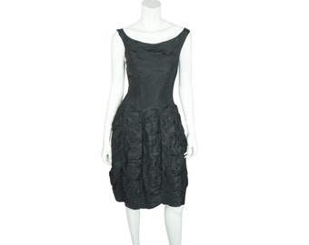 Vintage 50s Black Cocktail Party Dress w Ruched Skirt Size S