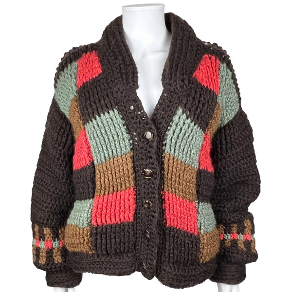 Vintage Sweater Jacket Hand Knit Intarsia Color Block Ladies Size L XL - VFG