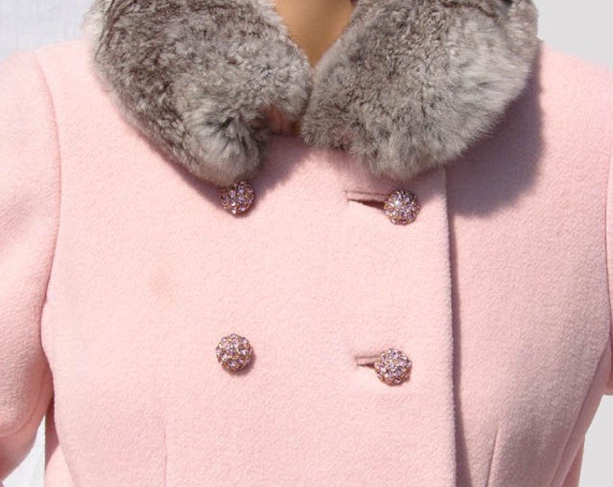 60s Pale Pink Wool Maxi Full Length Coat With Rabbit Fur Collar and Rhinestone Buttons Size