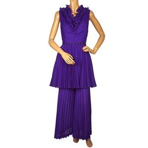 Vintage 1960s Mini Dress Palazzo Pants Hostess Set Ensemble Purple Size S - VFG