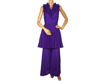 Vintage 1960s Mini Dress Palazzo Pants Hostess Set Ensemble Purple Size S - VFG