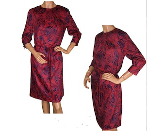 1960s Silk Dress Psychedelic Swirl Print, Red and Navy Blue, Size M - VFG