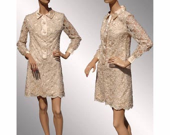 1960s Lace Mini Dress -  MOD - Creamy White - Size S - VFG
