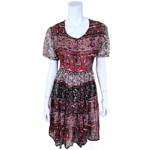 Robe indienne en coton vintage des années 1970, gaze imprimée rouge bloc NOS - VFG