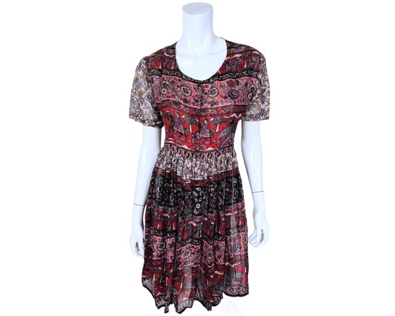 Vintage 1970s Indian Cotton Dress Red Block Print… - image 1