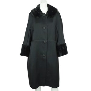 Vintage 1960s Black Wool Coat by Miss Style Faux Fur Trim Ladies Size L - VFG