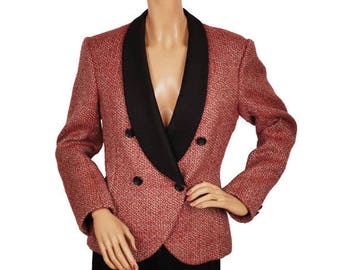 1980s Red and Black Tweed Wool Jacket - Shawl Collar - Size M - VFG