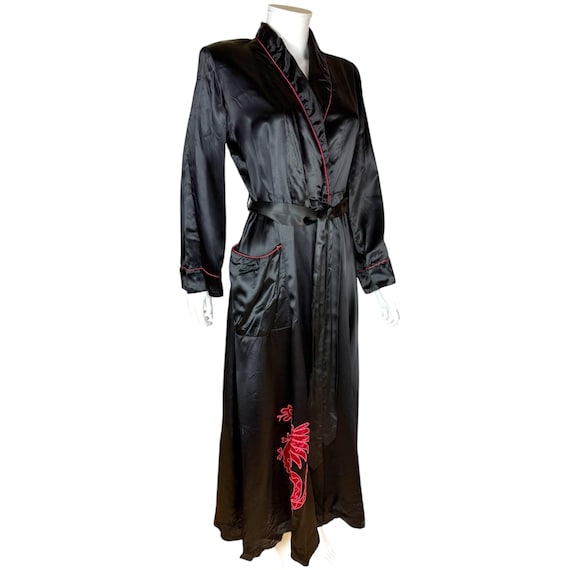 Vintage 1940s-50s Black Satin Robe with Embroidered D… - Gem