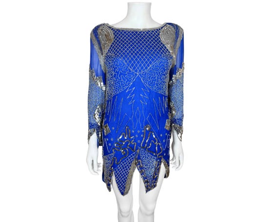 vintage beaded mini dress Vintage-inspired White Beaded Mini Dress With Sheer Neckline