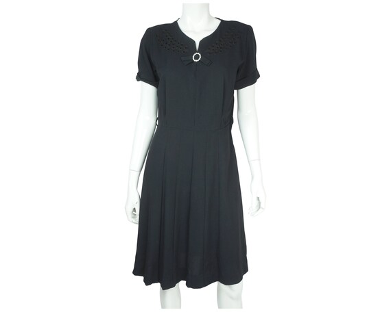 Vintage 1940s 50s Black Rayon Crepe Dress Size M