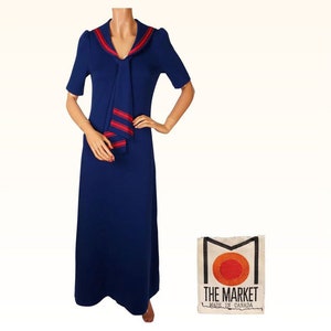 Vintage 1970s Blue and Red Maxi Dress Sailor Style by The Market - Size M - VFG