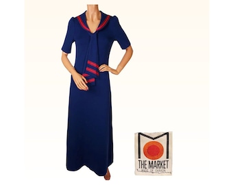 Vintage 1970s Blue and Red Maxi Dress Sailor Style by The Market - Size M - VFG