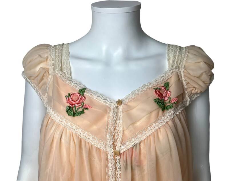 Vintage 1960s Negligee Nylon Peignoir Set Nightie & Robe Peach Size M VFG image 9