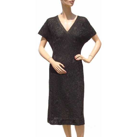 Vintage 1950s Black Wool Knit Dress with Embroide… - image 2