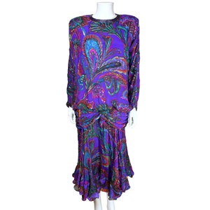 Vintage 1980s Judith Ann Creations Indian Silk Dress Sequinned Beaded Size M