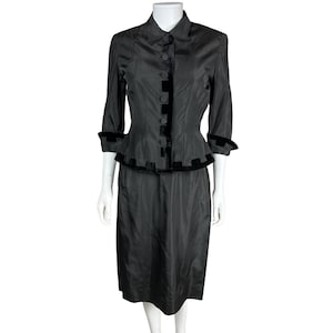Vintage 1950s Cocktail Dress w Jacket Black Taffeta w Velvet Trim Size M - VFG