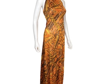 Vintage 1970s Halter Maxi Dress Orange Geometric Pattern Size S