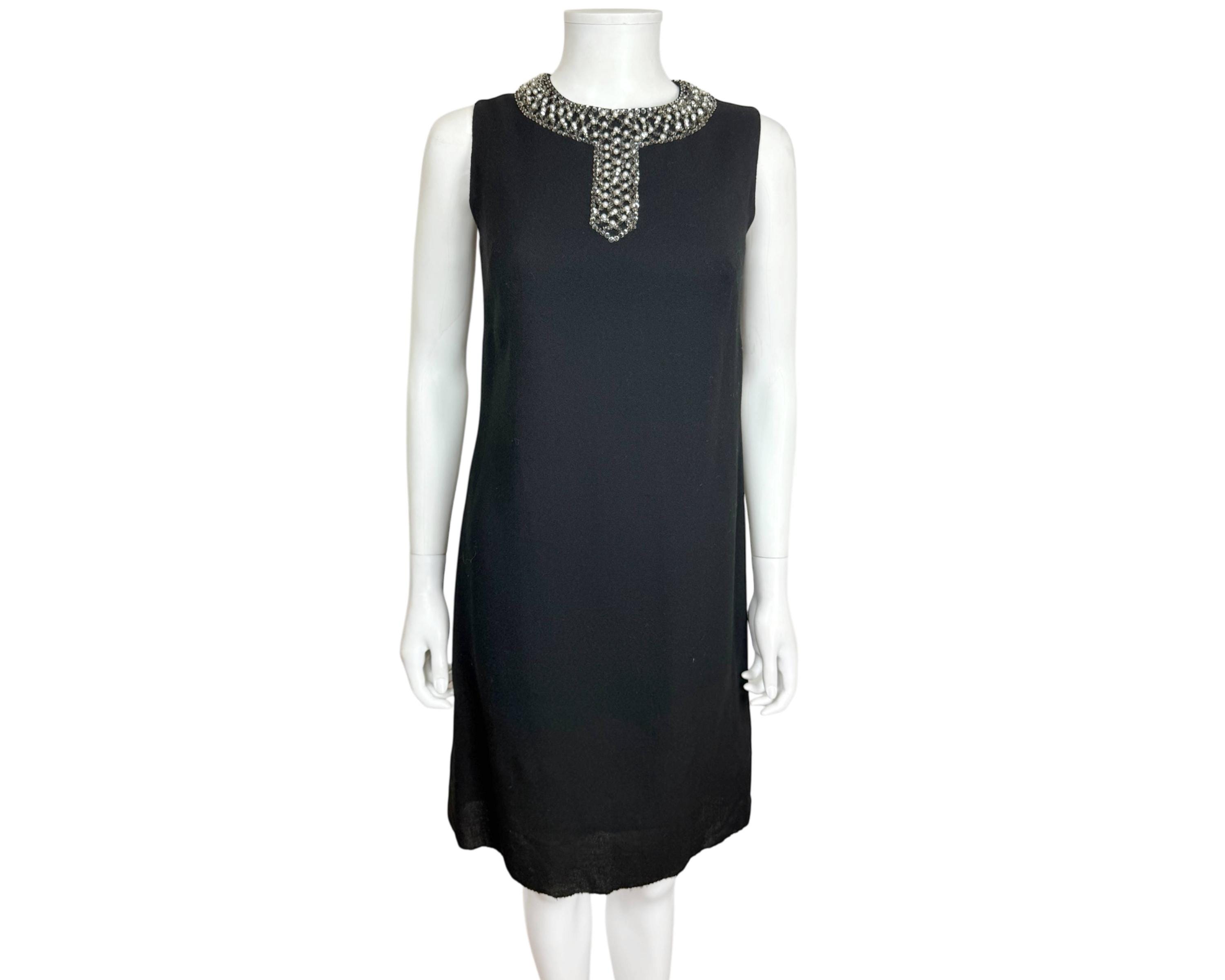 Vintage 1960s Black Cocktail Dress Beaded Neck Size Small