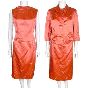 Vintage 1960s 3 Piece Suit Orange Silk Skirt Top Jacket Ladies Size L