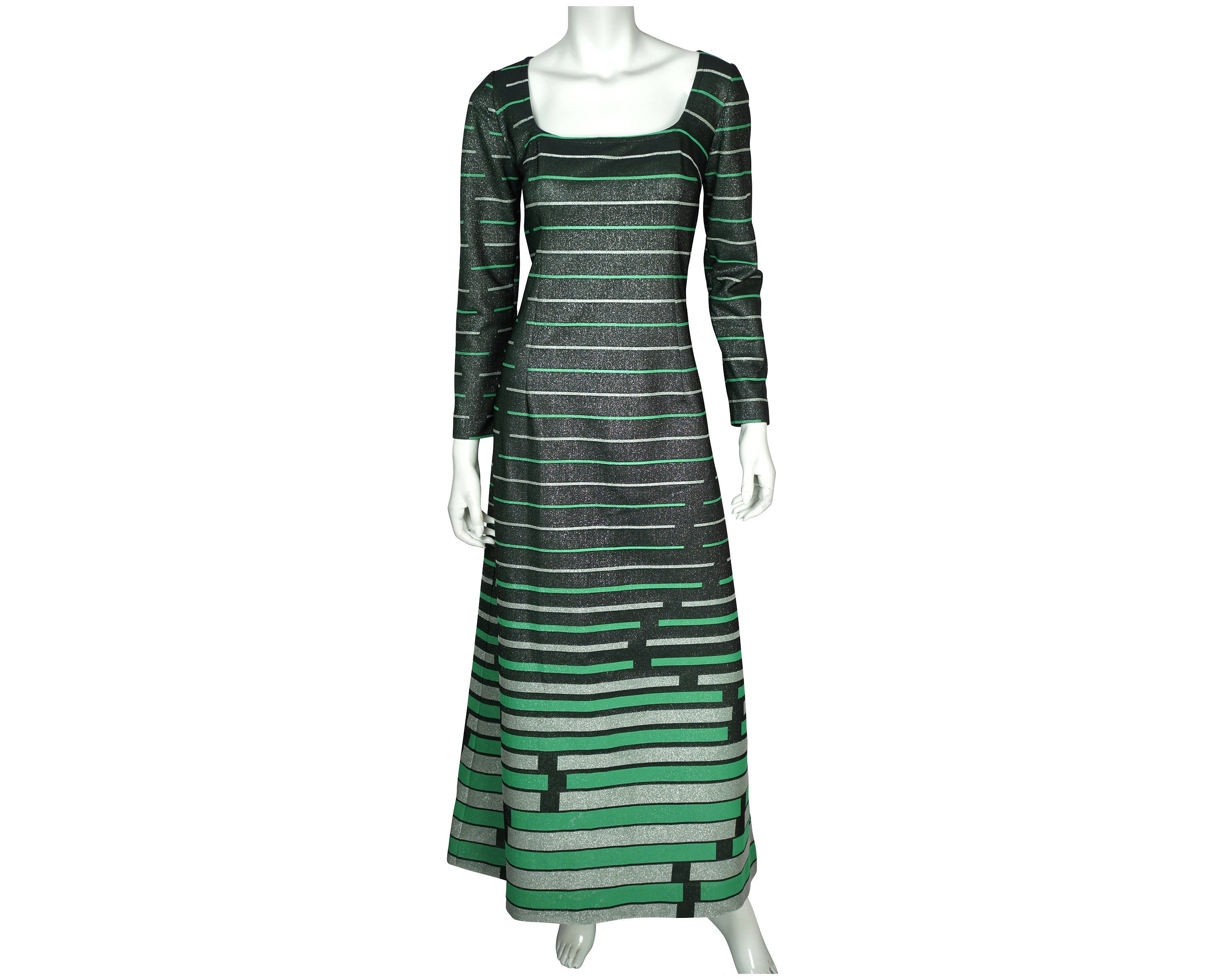 green and black striped maxi dress Vintage 70s Long Sleeve Lerose Great Britain Sz L - VFG scrapsofmagic