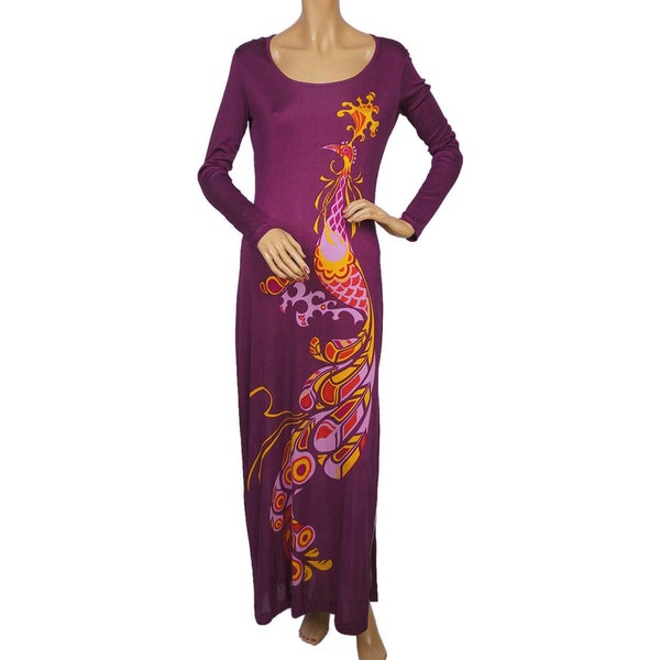 Vintage 1970s Peacock Print Purple Nylon Jersey Maxi Dress - Size S