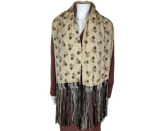 Vintage 1920s Art Deco Stole / Silk Scarf with Geometric Pattern & Fringe