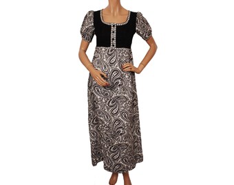 60s Maxi Dress - Black and White -  Paisley Pattern - Empire Waist - Regencycore - Size Small - VFG