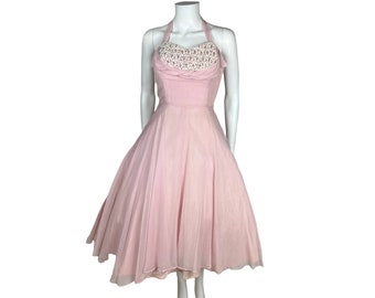 Vintage 1950s Halter Dress with Shelf Bust Pink Gauze Chiffon Size XS- VFG - Prom Dress
