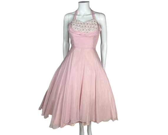 Vintage 1950s Halter Dress with Shelf Bust Pink Chiffon Size XS