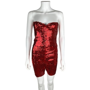 Vintage 1970s Disco Outfit Red Sequin Tube Top w Shorts Size S - VFG