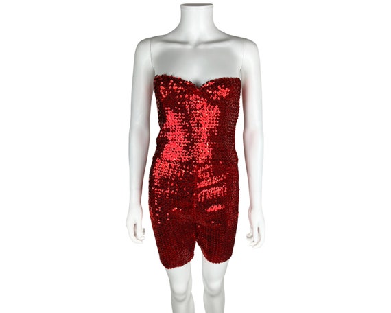 Vintage 1970s Disco Outfit Red Sequin Tube Top w … - image 1