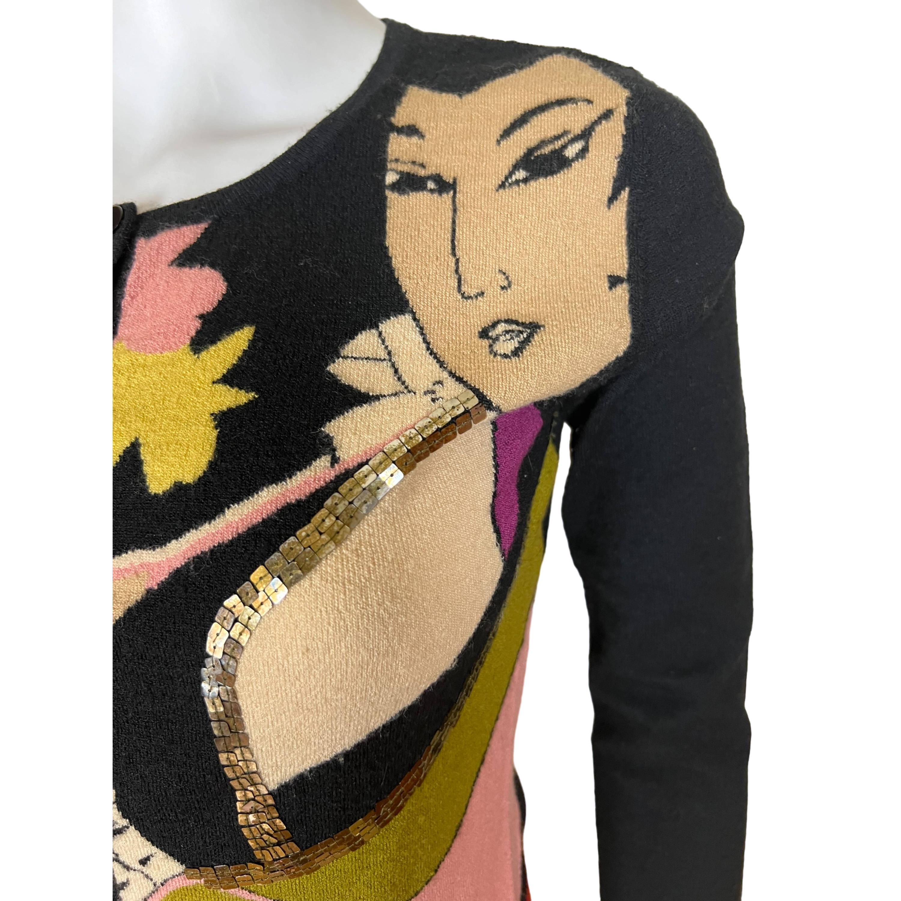 Vintage 1990s Kenzo Jungle Geisha Face Sweater Black Wool Cardigan