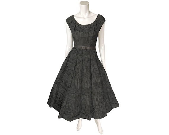 Vintage 1950s Taffeta Dress Ruched Black w Crinol… - image 1