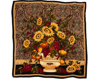 Vintage Echo-zijden sjaal vierkant zonnebloemen en fruit in urn met paisley-achtergrond