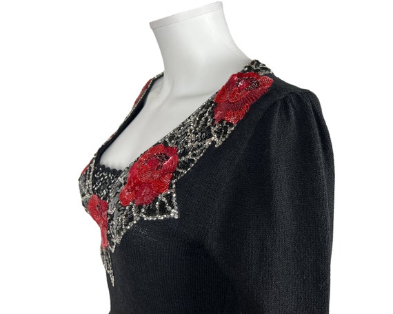 Vintage 1950s Beaded Black Wool Knit Dress Size L - image 5