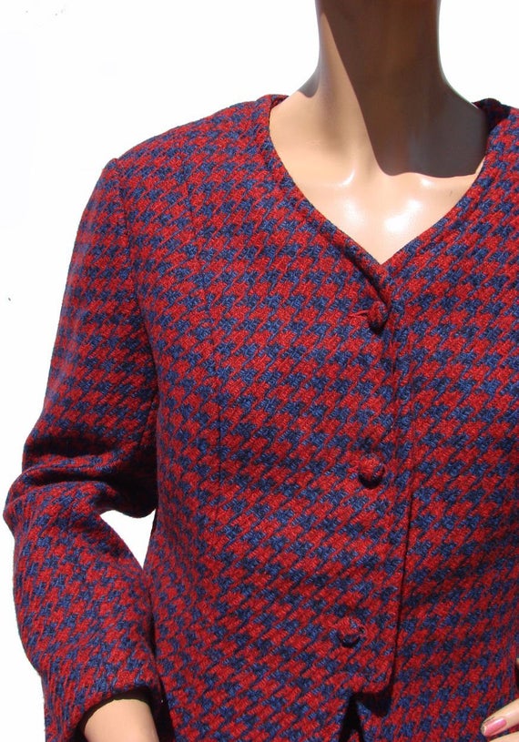 Vintage 1960s Suit Red & Blue Houndstooth Tweed W… - image 2