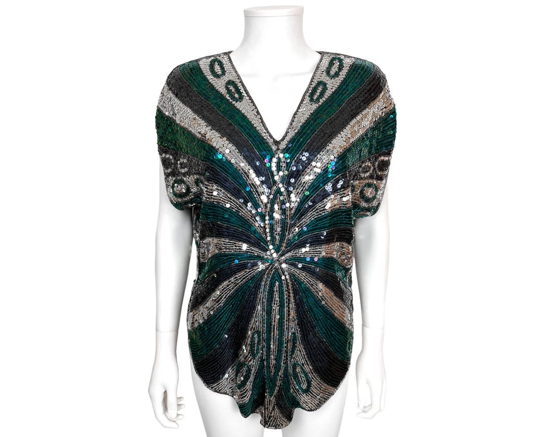 Vintage Disco Butterfly Top Silver Black & Green Sequins on Black Silk ...