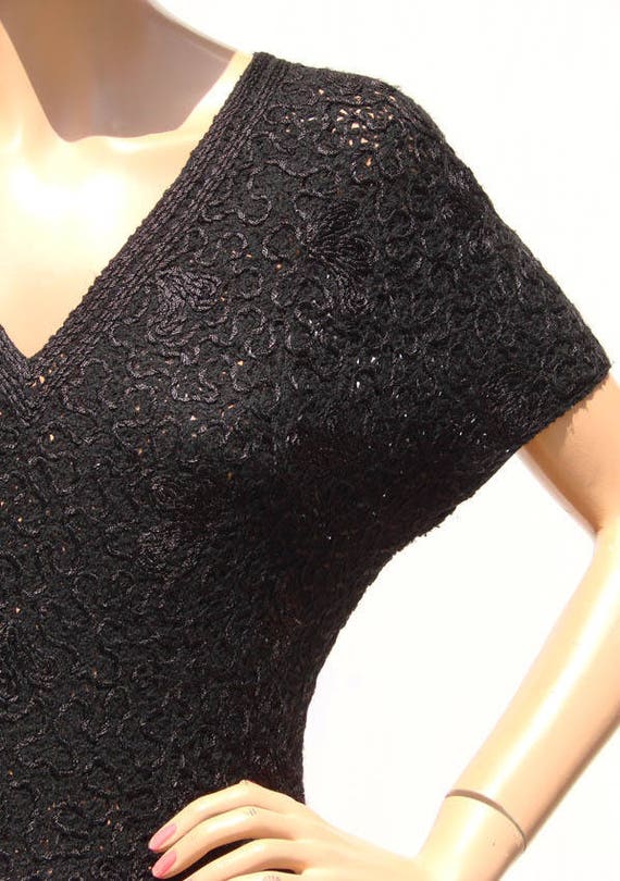 Vintage 1950s Black Wool Knit Dress with Embroide… - image 3