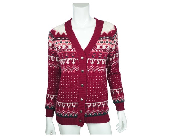 Vintage 1970s Cardigan Sweater Nordic Pattern Cor… - image 1