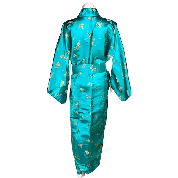 Vintage Silk Kimono Style Dressing Gown Lounging Robe w Gold Butterflies Size L = VFG