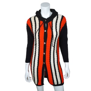 Vintage 60s Hand Knit Striped Sweater Jacket with Hood Ladies Size S M - VFG