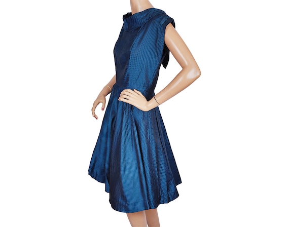 Vintage 1950s Party Dress Shiny Blue Woven Taffeta