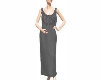 1960s Black Silk Sheath Evening Dress with Beaded Bodice - Size  Large - VFG
