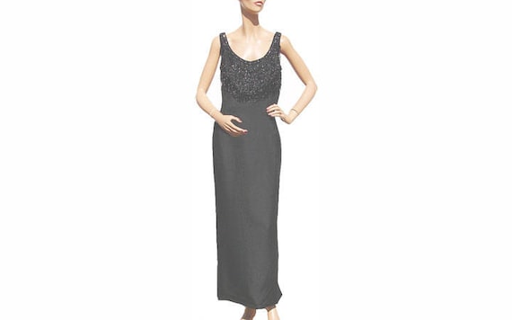 1960s Black Silk Sheath Evening Dress with Beaded