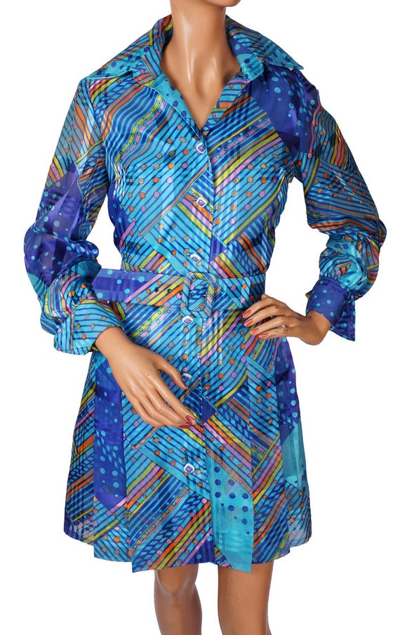 1970s Dress Blue Graphic Print - Shirtdress - Siz… - image 2